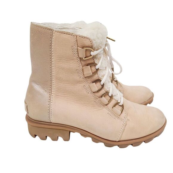 Sorel Boots Phoenix Ankle Boots 7.5 Beige Leather Sherpa Trim Waterproof Lace Up - Picture 3 of 10